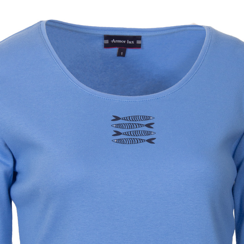 Tee-shirt  manches 3/4 coton léger bleu poissons