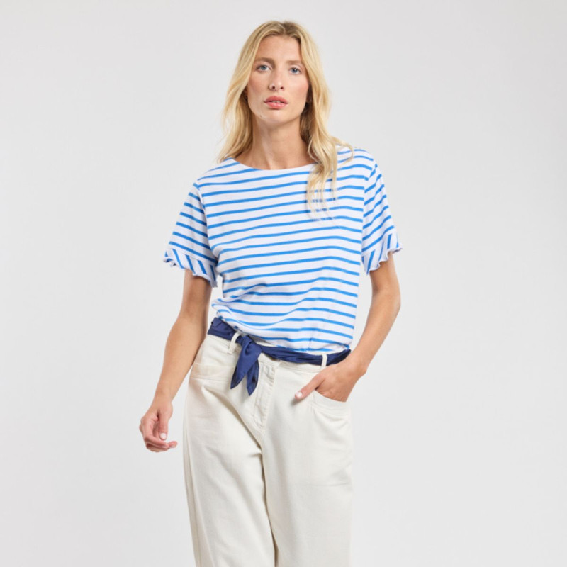 Marinière à volants femme - Blanc/Blue Saphir Marinière à volants femme - Blanc/Blue Saphir